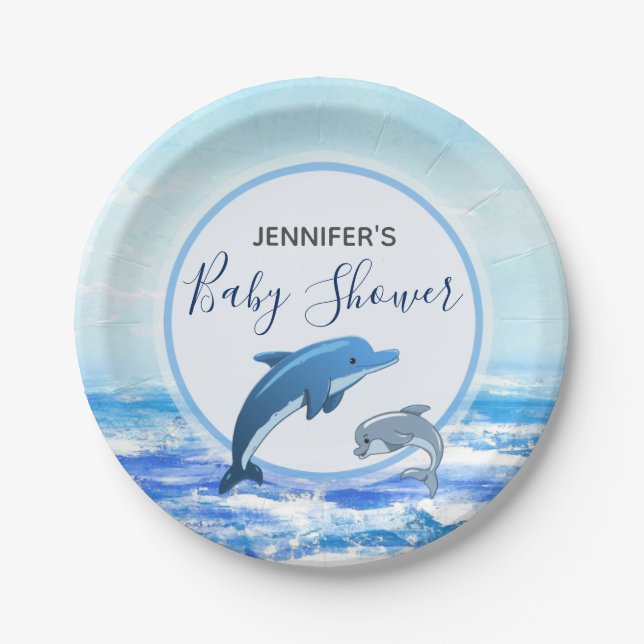 Mother and Baby Dolphin Ocean Theme Baby Shower Paper Plates (Front)