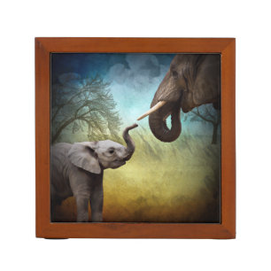 Mother And Baby Elephant Ceramic Tile Desk Organizer