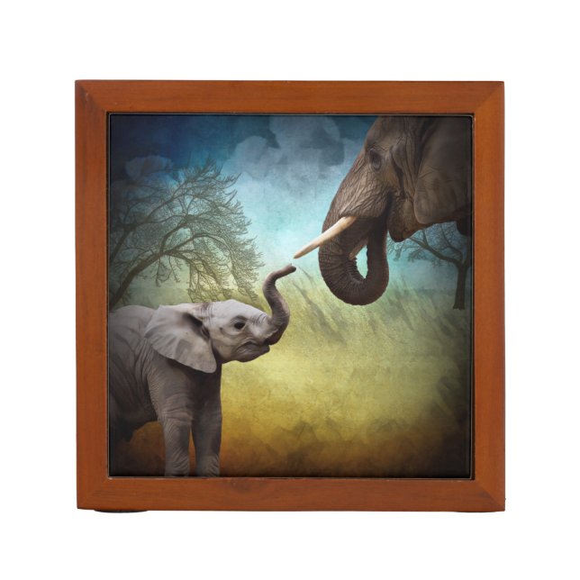 Mother And Baby Elephant Ceramic Tile Desk Organizer (Front)