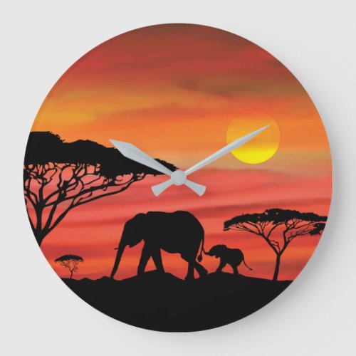 Mother and Baby Elephant in The Serengetti Large Clock