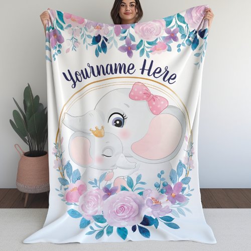 Mother and Baby Elephant Pink Blush Flower Wreath Fleece Blanket