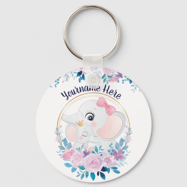 Mother and Baby Elephant Pink Blush Flower Wreath Keychain (Front)