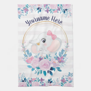 Mother and Baby Elephant Pink Blush Flower Wreath Kitchen Towel