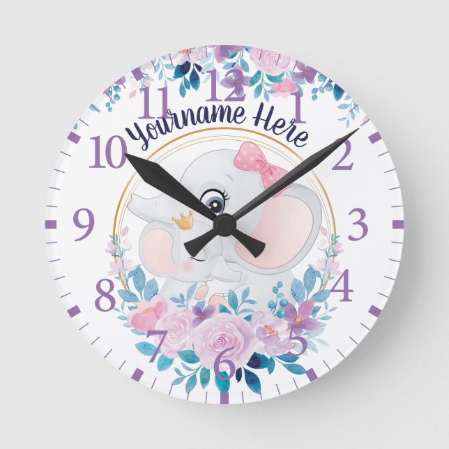 Mother and Baby Elephant Pink Blush Flower Wreath Round Clock (Front)