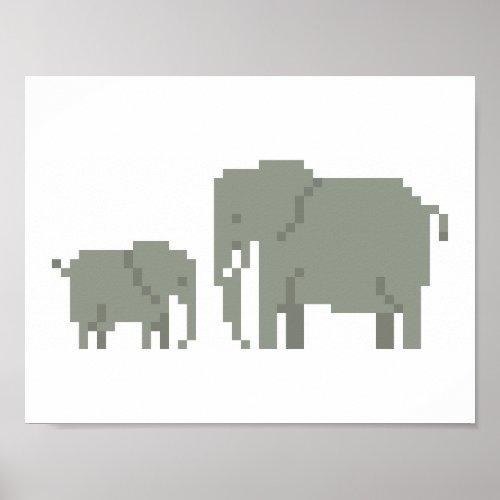 Mother And Baby Elephant Pixel Art Poster