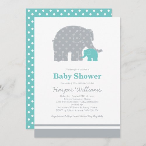 Mother and Baby Elephant Shower Aqua Blue and Gray Invitation