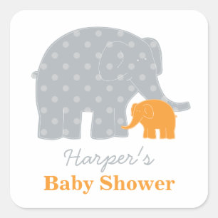Mother and Baby Elephant Shower Orange and Gray Square Sticker