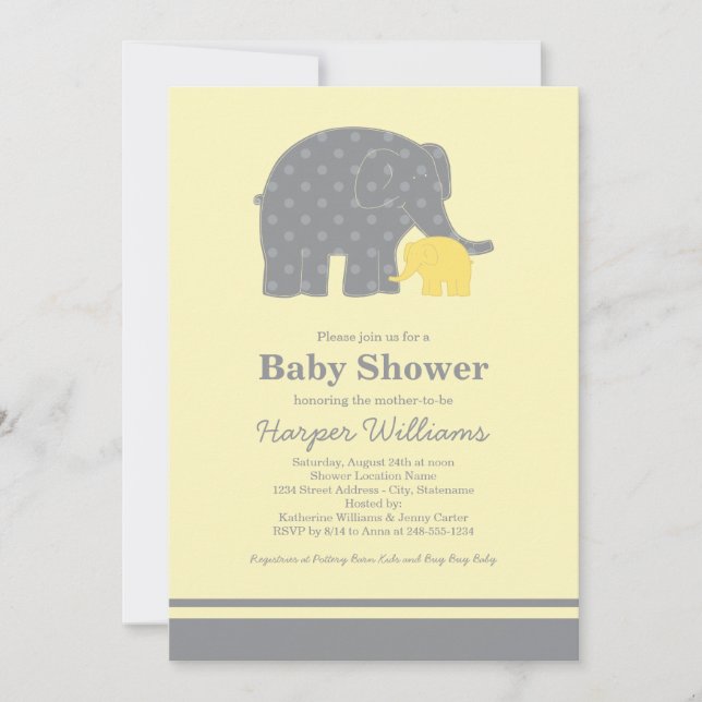 Mother and Baby Elephant Shower Yellow and Gray Invitation (Front)
