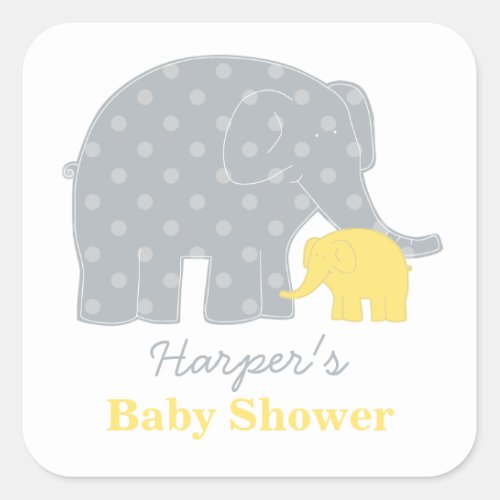 Mother and Baby Elephant Shower Yellow and Gray Square Sticker