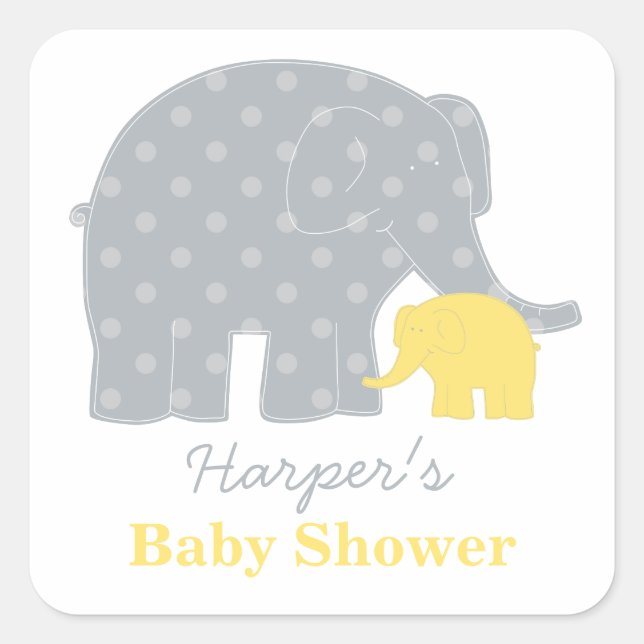Mother and Baby Elephant Shower Yellow and Gray Square Sticker (Front)
