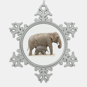 Mother and Baby Elephant Snowflake Pewter Christmas Ornament