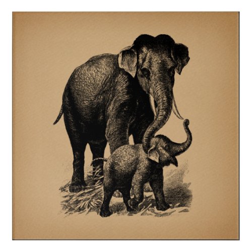 Mother and Baby Elephant Vintage Art