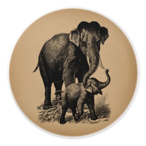 Mother and Baby Elephant Vintage Art Ceramic Knob