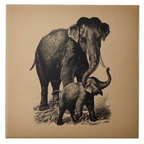 Mother and Baby Elephant Vintage Art Ceramic Tile