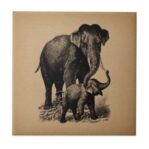 Mother and Baby Elephant Vintage Art Ceramic Tile
