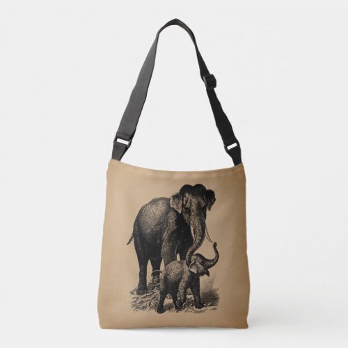 Mother and Baby Elephant Vintage Art Crossbody Bag