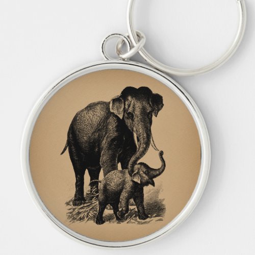 Mother and Baby Elephant Vintage Art Keychain