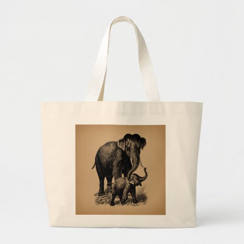 Mother and Baby Elephant Vintage Art Large Tote Bag