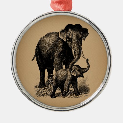 Mother and Baby Elephant Vintage Art Metal Ornament