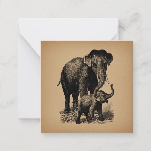 Mother and Baby Elephant Vintage Art Note Card