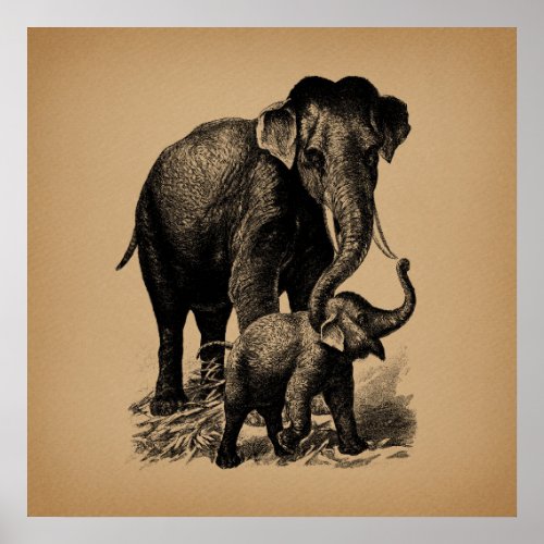 Mother and Baby Elephant Vintage Art Poster