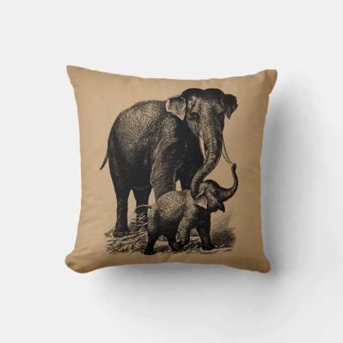 Mother and Baby Elephant Vintage Art Throw Pillow