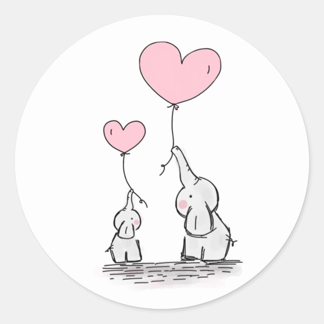Mother and Baby Elephant with Balloons Classic Round Sticker (Front)