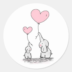 Mother and Baby Elephant with Heart Balloons Classic Round Sticker