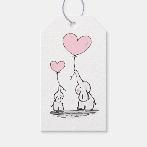 Mother and Baby Elephant with Heart Balloons Gift Tags