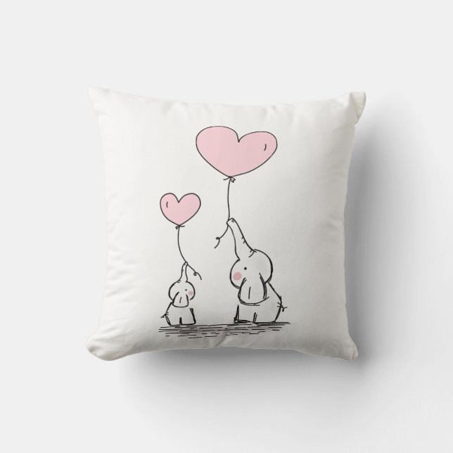 Mother and Baby Elephant with Heart Balloons Throw Pillow (Front)