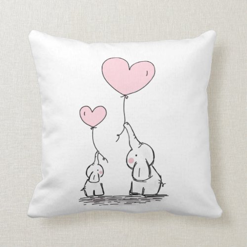 Mother and Baby Elephant with Heart Balloons Pillow