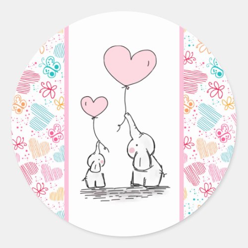 Mother and Baby Elephants with Colourful Hearts Classic Round Sticker