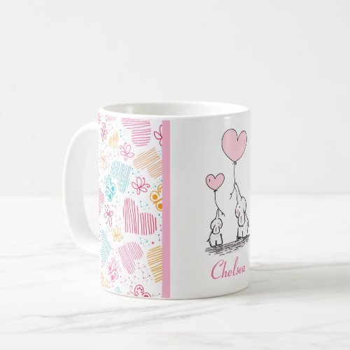 Mother and Baby Elephants with Colourful Hearts Coffee Mug