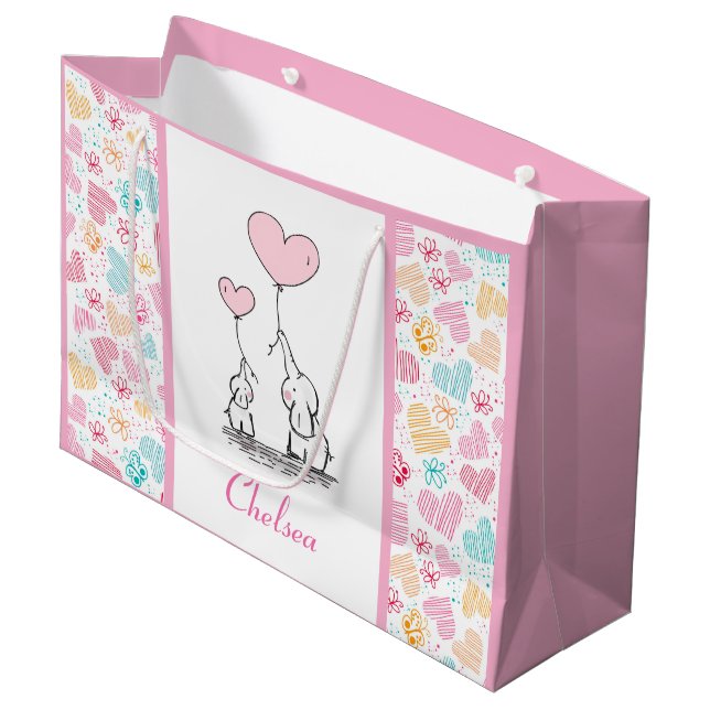 Mother and Baby Elephants with Colourful Hearts Large Gift Bag (Front Angled)