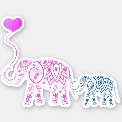 Mother and Baby Elephants with Heart Balloon Sticker