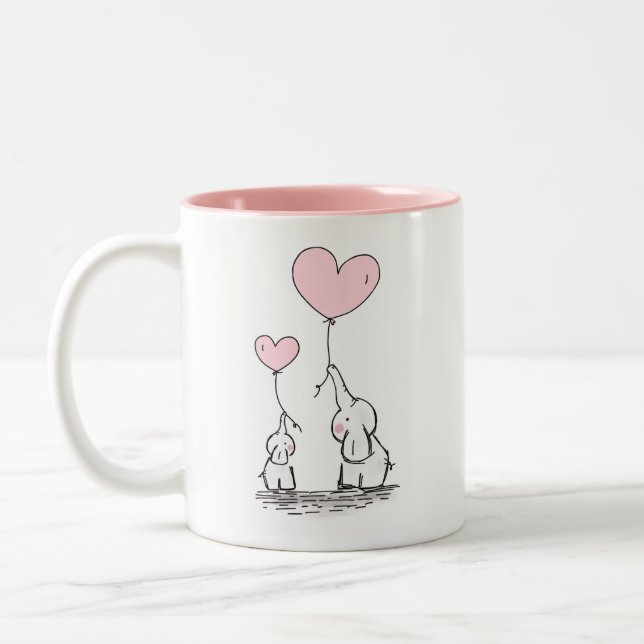 Mother and Baby Elephants with Heart Balloons Two-Tone Coffee Mug (Left)