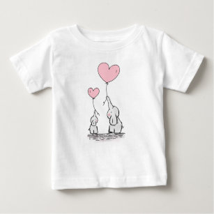 Mother and Baby Elephants With Pink Heart Balloons Baby T-Shirt