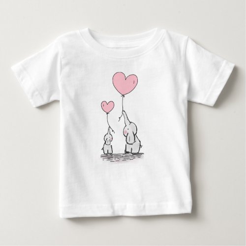 Mother and Baby Elephants With Pink Heart Balloons Baby T_Shirt