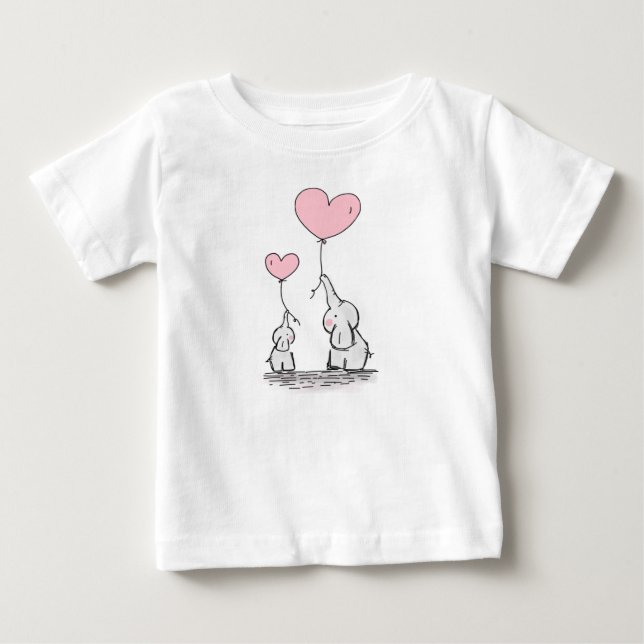 Mother and Baby Elephants With Pink Heart Balloons T-Shirt (Front)