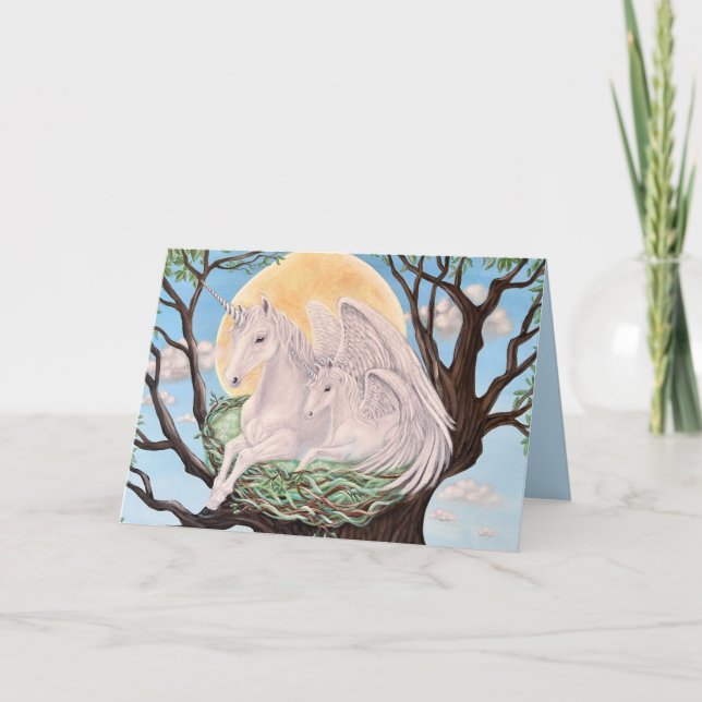 Mother and Baby Flying Unicorns Whimsical Art Card (Front)