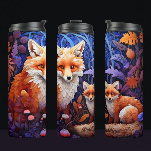 mother and baby fox in magical forest thermal tumbler