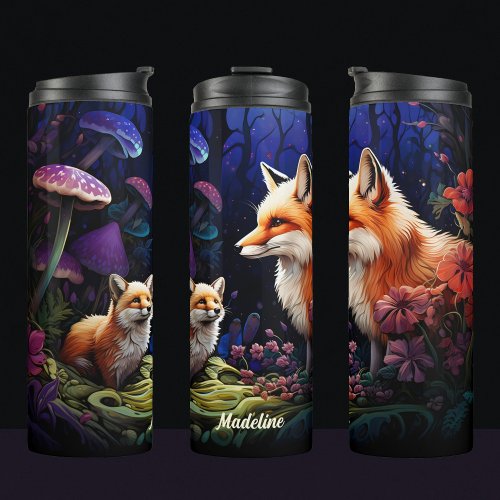 Mother and baby fox night scene thermal tumbler