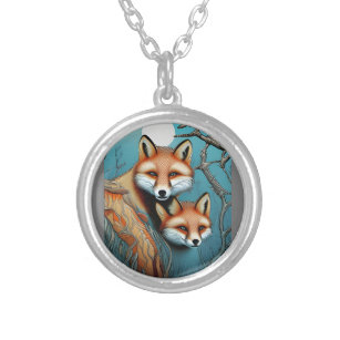 Mother and Baby Fox  Silver Plated Necklace
