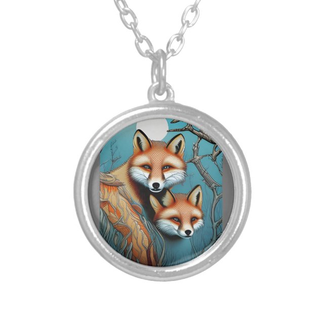 Mother and Baby Fox  Silver Plated Necklace (Front)