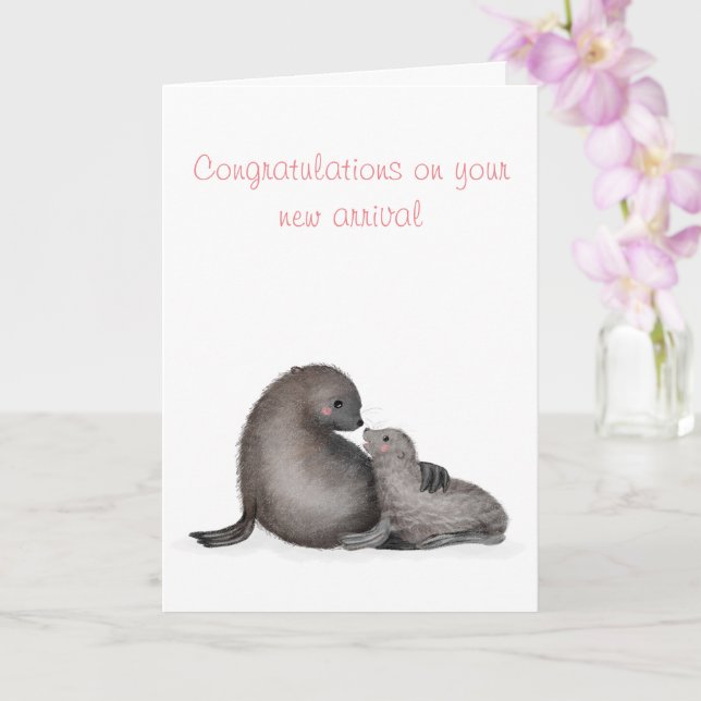 Mother and baby fur seal new baby card (pink) (Orchid)