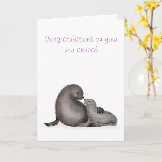 Mother and baby fur seal new baby card (purple) (Yellow Flower)