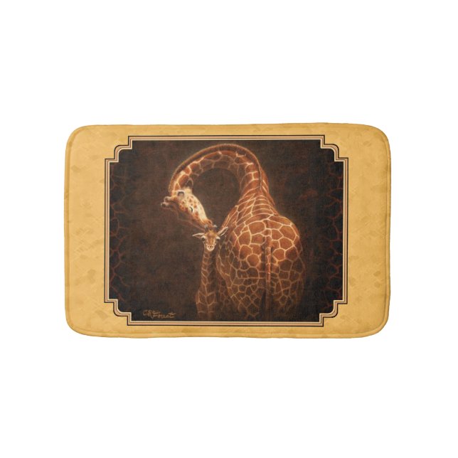 Mother and Baby Giraffe Gold Background Bathroom Mat (Front)