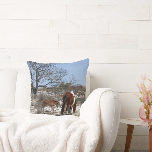 Mother and Baby Horse at Assateague Throw Pillow (Couch)