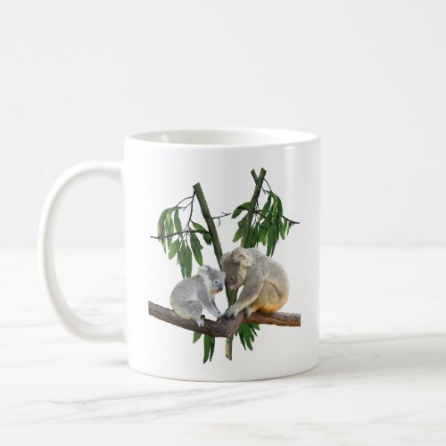 mother and baby koala bear in a eucalyptus tree coffee mug