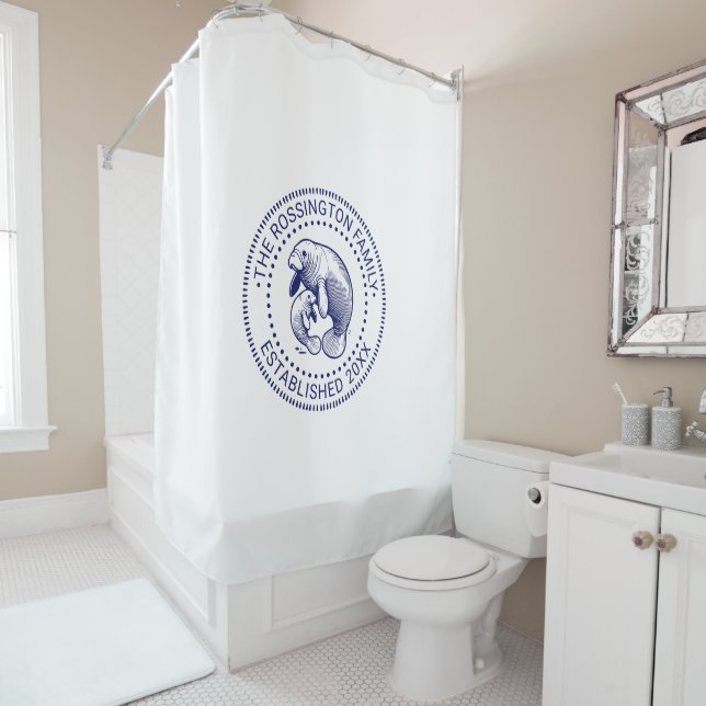 Mother and Baby Manatee Family Name Date Estd N Wh Shower Curtain (In Situ)